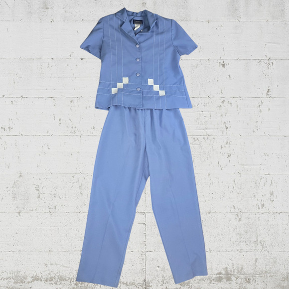 80s Vintage Willow Ridge Periwinkle Blue Retro Top Pants Set USA Made Size 14P - Picture 15 of 15